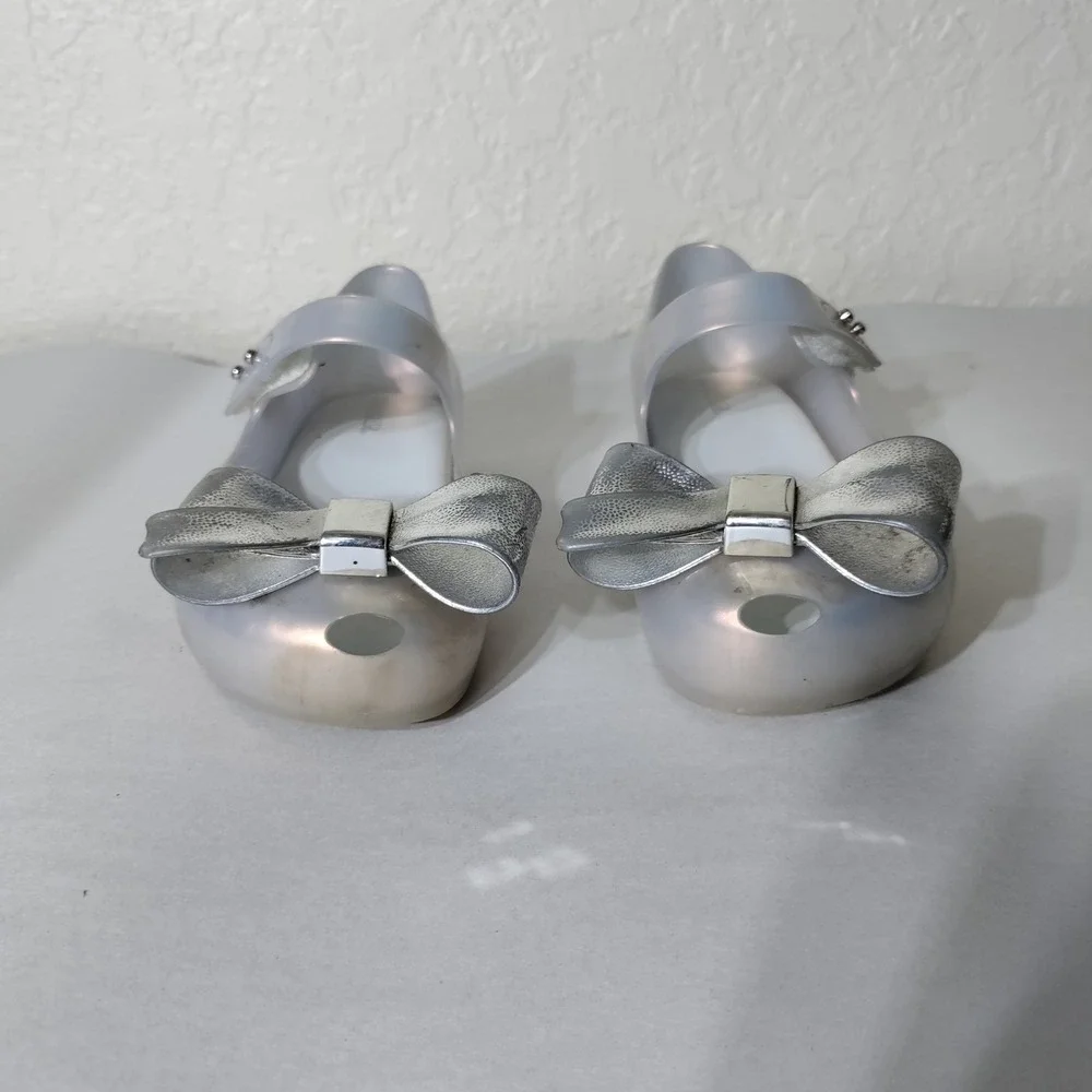 Mini Melissa Ultragirl Bow Jelly Shoes Silver Pearlescent Mary Janes Size 11